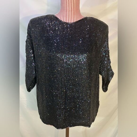 Vintage Black Beaded Blouse 100% Silk Sequin Rainbow Sparkly Retro 80s Sz Medium - Picture 1 of 12